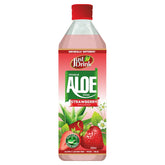 A bottle of Just Drink - Aloe Vera Strawberry Drink - 500ml with strawberries on a white background.
